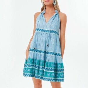 Oliphant Sleeveless Tiered V Neck Dress - size S - blue and white
